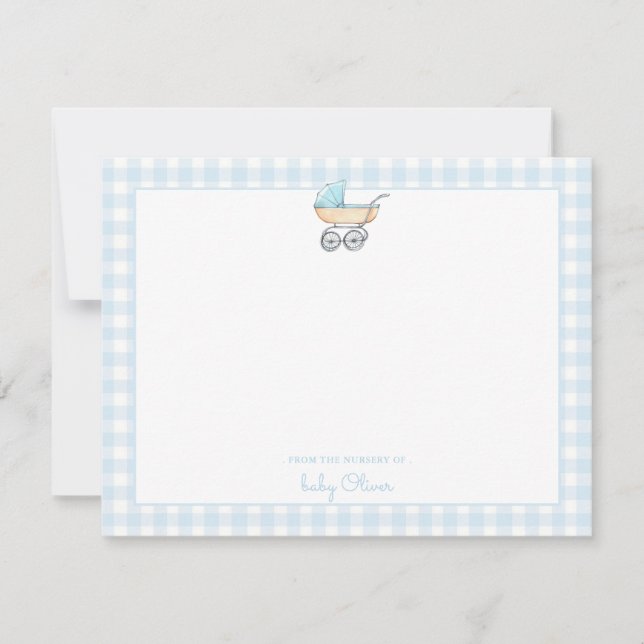 Carte De Remerciements Poupée bleue avec en vichy bordure bébé garçon (Devant)