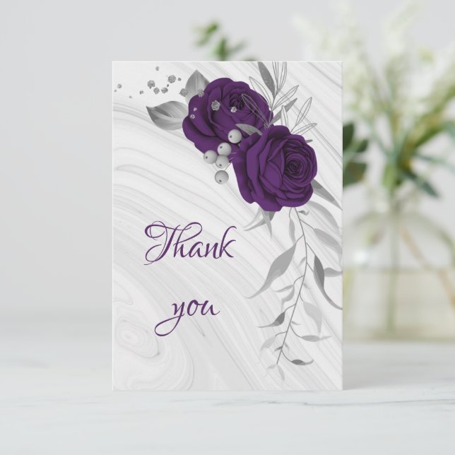 Carte De Remerciements pourpre royal argent floral gris (Debout devant)