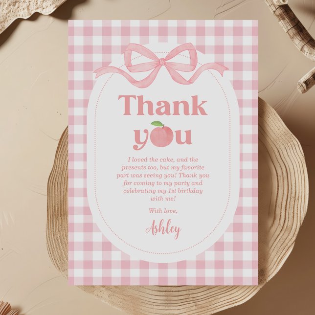 Carte De Remerciements Premier anniversaire de Peach En vichy rose (Créateur téléchargé)