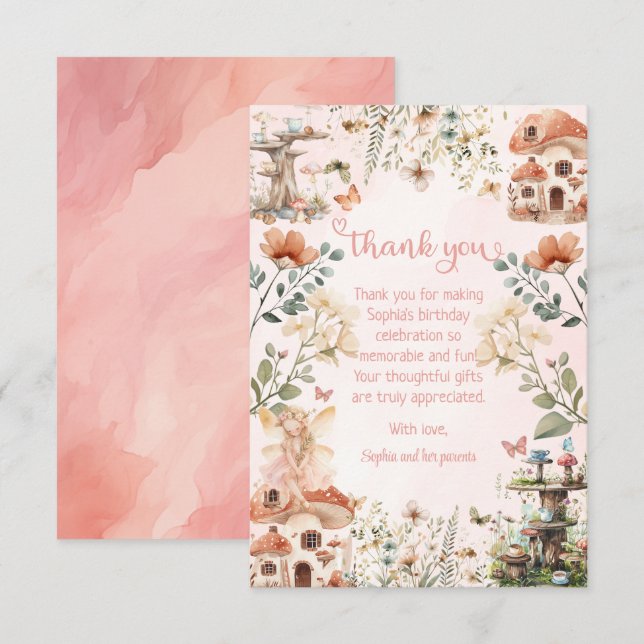 Carte De Remerciements Premier Anniversaire Fille Champignon Jardin Encha (Devant / Derrière)