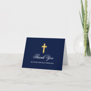 Carte De Remerciements Première Communion Bleue et Or Plié
