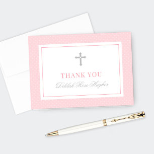 Carte De Remerciements Première communion de fille rose et gris élégant