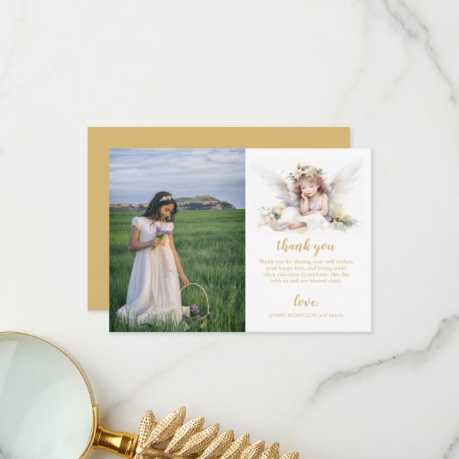 Carte De Remerciements Première communion de l'ange au petit aquarelle (Devant/Arrière en situation)