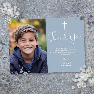 Carte De Remerciements Première communion élégante en bleu poussiéreux av