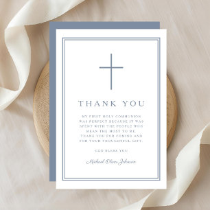 Carte De Remerciements Première communion élégante garçon croix bleu pous