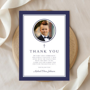 Carte De Remerciements Première communion élégante photo garçon bleu mari