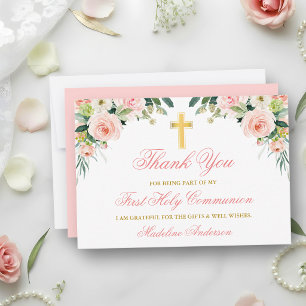 Carte De Remerciements Première communion florale rose blanc aquarelle or