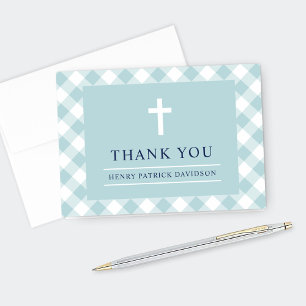 Carte De Remerciements Première communion garçon Aqua Gingham carreaux
