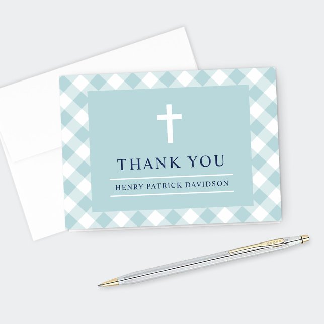 Carte De Remerciements Première communion garçon Aqua Gingham carreaux (Créateur téléchargé)