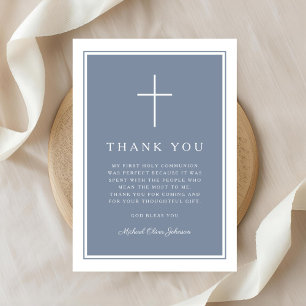 Carte De Remerciements Première communion garçon croix bleu poussiéreux é
