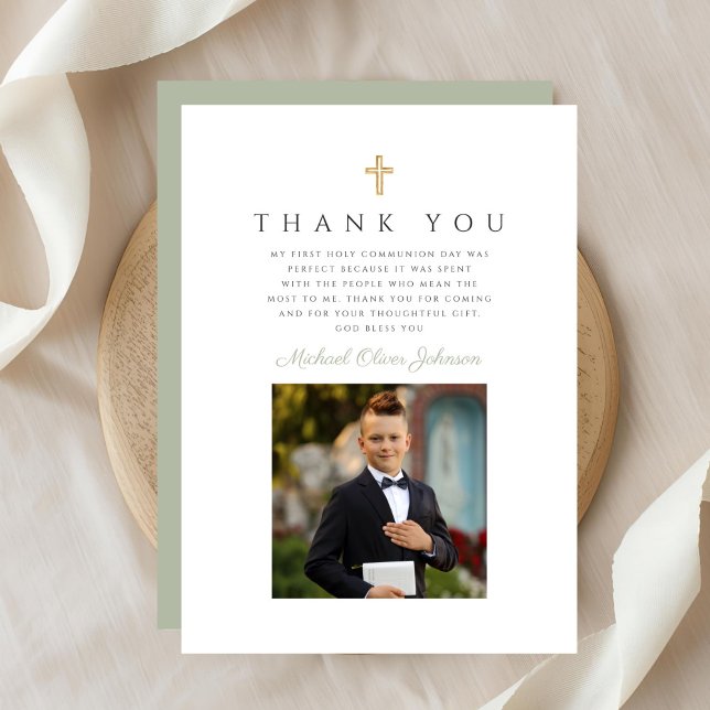Carte De Remerciements Première communion garçon croix élégante (Elegant Cross Boy First Communion Thank You Card)