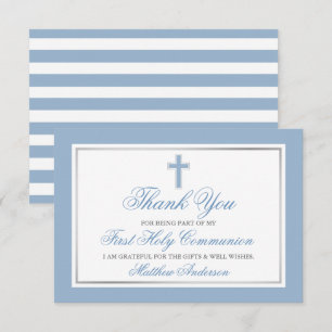 Carte De Remerciements Première Communion Lumière Bleu Argent rayé