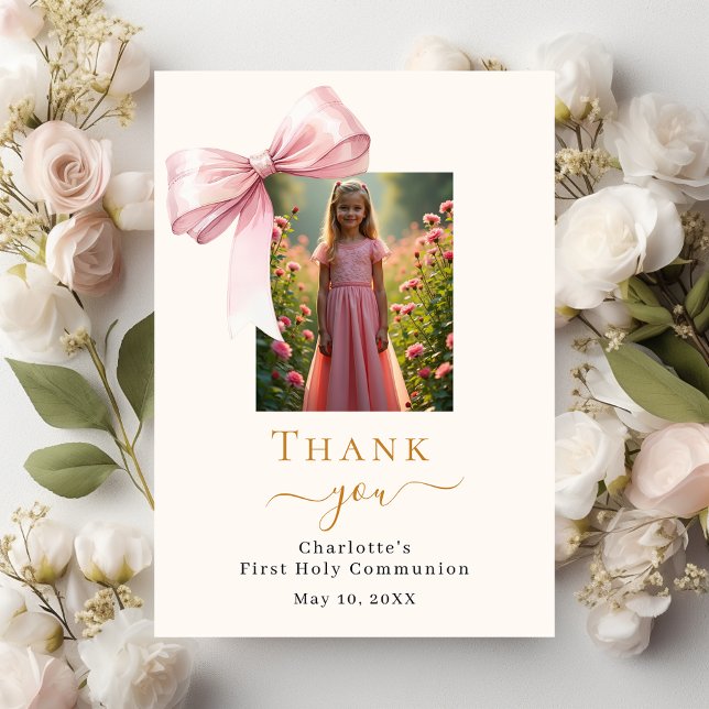 Carte De Remerciements Première communion photo crème arc rose (Créateur téléchargé)