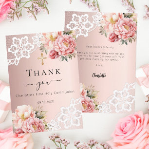 Carte De Remerciements Première communion rose dentelle fleurie rose or