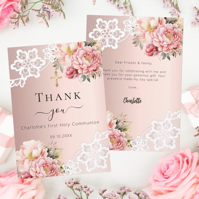Carte De Remerciements Première communion rose dentelle fleurie rose or (Créateur téléchargé)