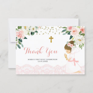 Carte De Remerciements Première communion rose Floral