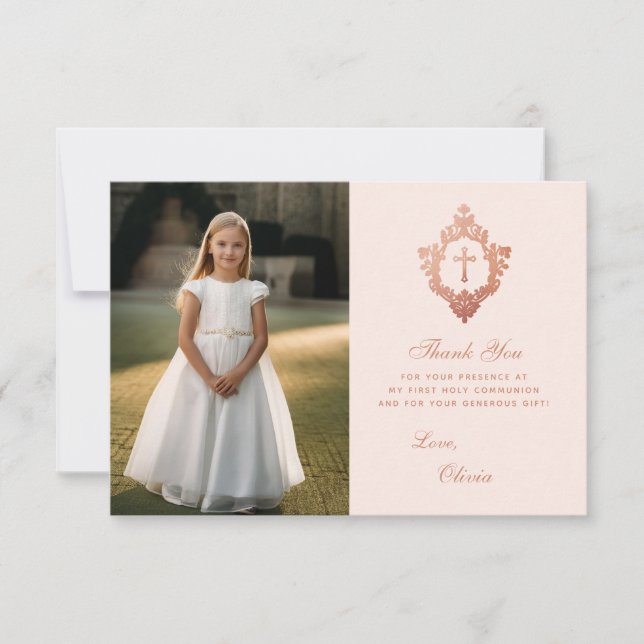 Carte De Remerciements Première Communion Rose Rose Gold Crest Girl Photo (Devant)