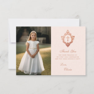 Carte De Remerciements Première Communion Rose Rose Gold Crest Girl Photo