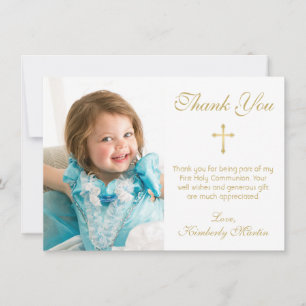 Carte De Remerciements Première Communion Simple Gold Script Cross Photo