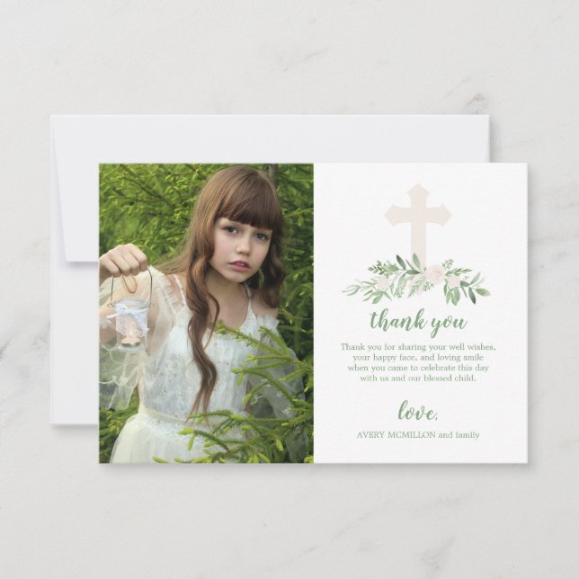 Carte De Remerciements Première sainte communion élégante de rose blanc (Devant)