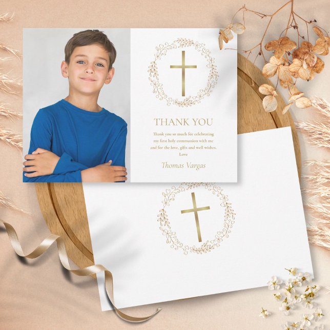 Carte De Remerciements Première Sainte Communion Or Floral Garland Photo (Créateur téléchargé)