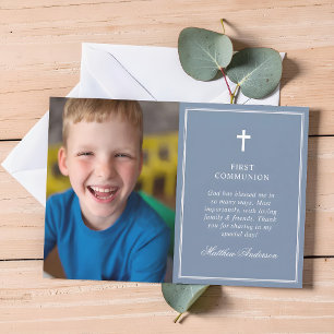 Carte De Remerciements Première Sainte Communion Photo Bleu Poussiéreux É