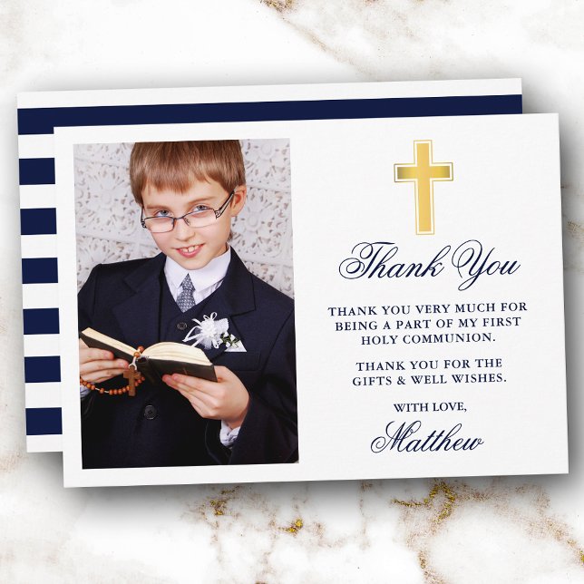 Carte De Remerciements Première Sainte Communion Photo Blue Stripes Gold (Customize to change text size, color or text style.)