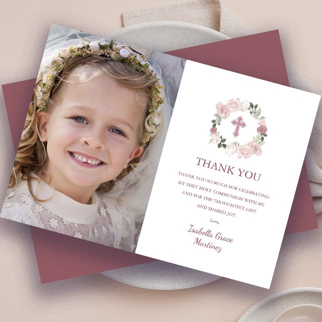 Carte De Remerciements Première Sainte Communion Photo Fleur rose rose (Créateur téléchargé)