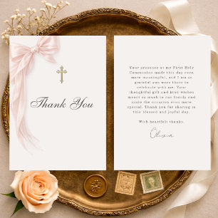 Carte De Remerciements Première Sainte Communion Rose Coquette Nœud Fille