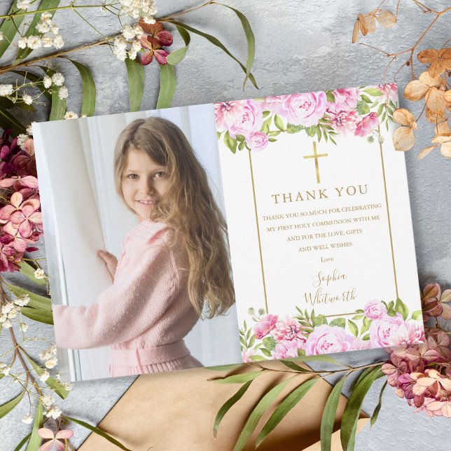 Carte De Remerciements Première Sainte Communion Roses Fleur Photo (Créateur téléchargé)