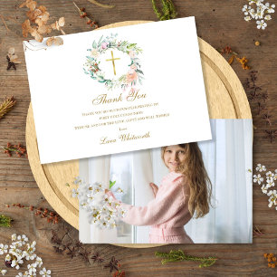 Carte De Remerciements Première Sainte Communion Roses Floral Photo Or