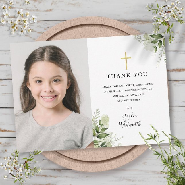 Carte De Remerciements Première Sainte Communion Verdure rustique Photo (First Holy Communion Rustic Greenery Photo Thank You Card)