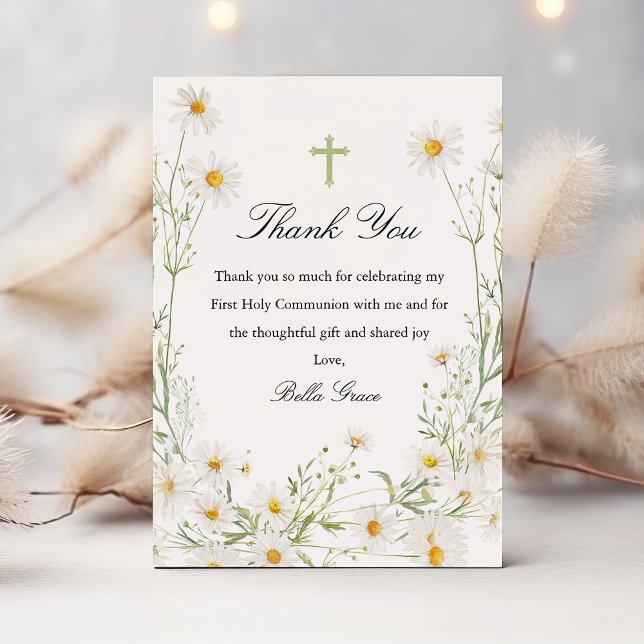 Carte De Remerciements Première Sainte Communion White Daisy Floral Cross (Créateur téléchargé)