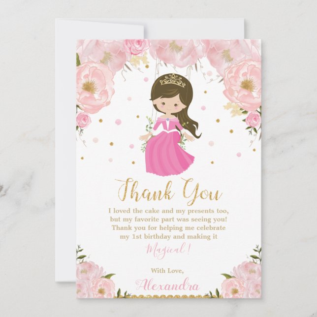 Carte De Remerciements Princesse 1er Anniversaire Floral de Pink Blush (Devant)