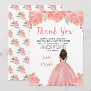 Carte De Remerciements Princesse à la peau foncée Fleurs florales roses S