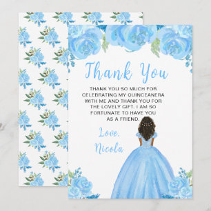Carte De Remerciements Princesse à peau foncée Fleurs bleues Quinceanera