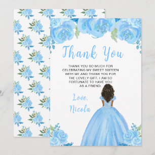 Carte De Remerciements Princesse à peau foncée Fleurs bleues Sweet Sixtee