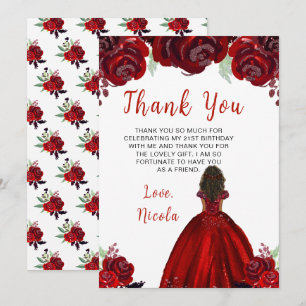 Carte De Remerciements Princesse à peau foncée Fleurs florales rouges Ann