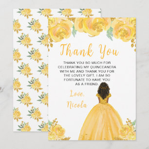 Carte De Remerciements Princesse à peau foncée Quinceanera florale or