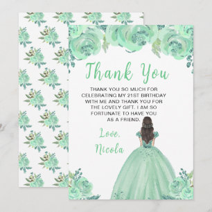 Carte De Remerciements Princesse aux Cheveux Bruns Fête d'Anniversaire Fl