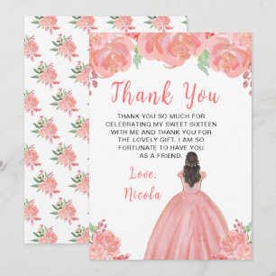 Carte De Remerciements Princesse aux Cheveux Bruns Fleurs Florales Roses