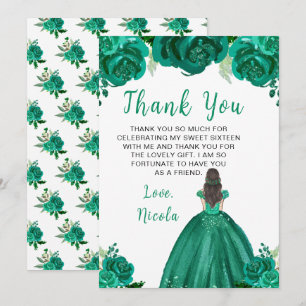 Carte De Remerciements Princesse aux Cheveux Bruns Fleurs Florales Vertes