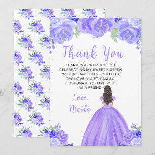 Carte De Remerciements Princesse aux Cheveux Bruns Fleurs Florales Violet