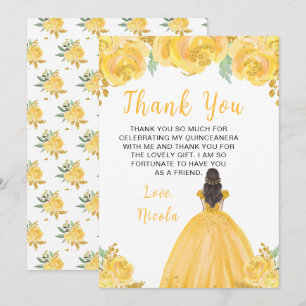 Carte De Remerciements Princesse aux Cheveux Bruns Quinceanera Floral Or