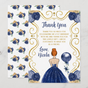 Carte De Remerciements Princesse aux Cheveux Rouges Robe Navy Fête d'Anni
