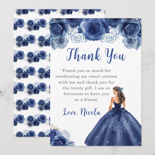 Carte De Remerciements Princesse dans une robe de marine Sweet sixteen Me (Devant / Derrière)
