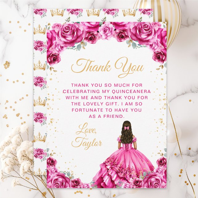 Carte De Remerciements Princesse rose chaude Floral Quinceañera (Créateur téléchargé)