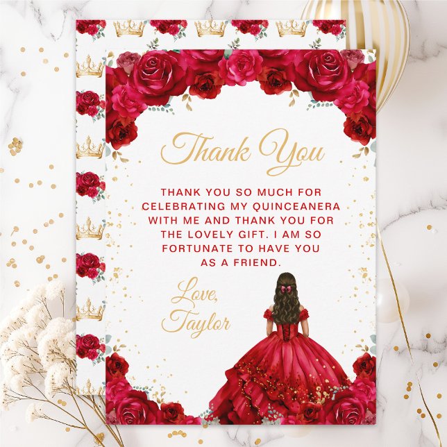 Carte De Remerciements Princesse Rouge Floral Quinceañera (Créateur téléchargé)