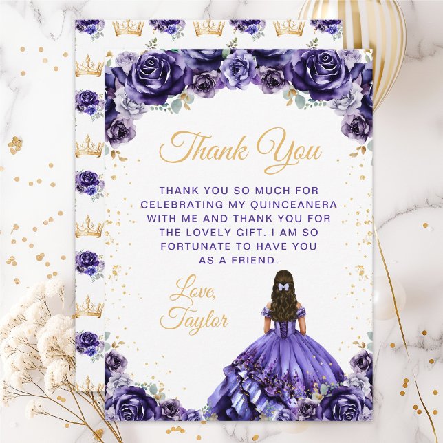 Carte De Remerciements Princesse violette foncée Floral Quinceañera (Créateur téléchargé)