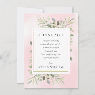 Carte De Remerciements Printemps Feuille vert Baby shower rose poème
